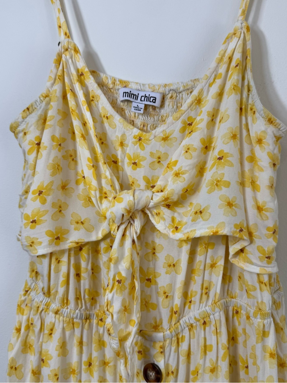 Mimi Chica Yellow Floral Tie Front Button Down Midi Dress Cottagecore Size L - Picture 2 of 7
